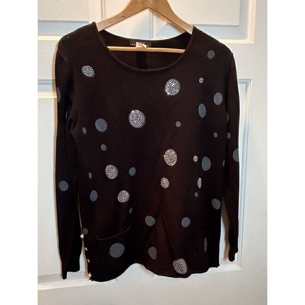 Vex Women's M Black & Silver Polka Dots Embellished Long Sleeve Pullover Sweater